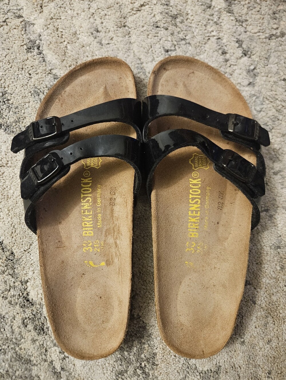 Birkenstock Arizona Two-Strap Slide Sandals Glossy Black Size 38 / 7.5-8